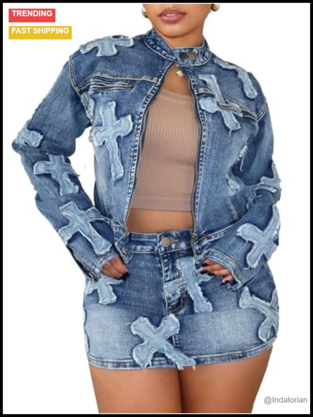 Uni Clau Denim 2 Piece Set Cropped Jacket Mini Skirt Y2K Streetwear